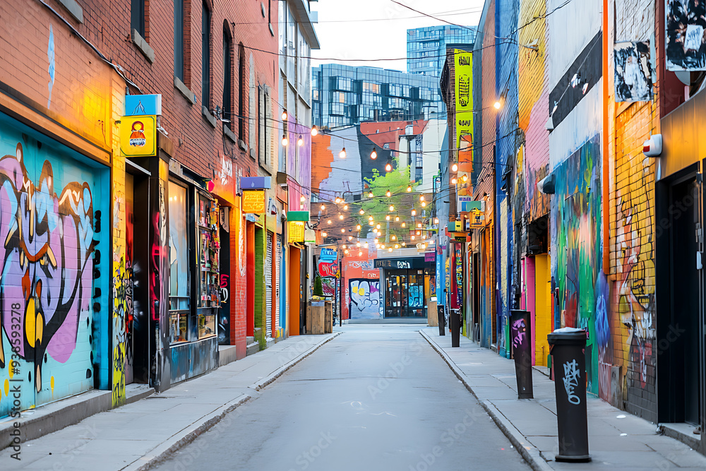 Fototapeta premium Vibrant street art decorates lively alleyway, illuminated by string lights, creating cheerful and artistic atmosphere.