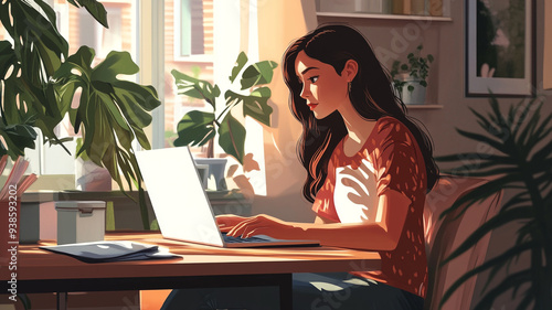 A young woman immersed in work at a cozy home office surrounded by greenery and natural light during a sunny afternoon