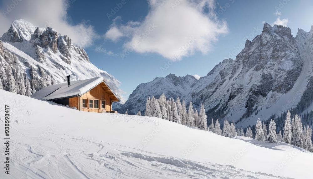 Snowy mountain retreat serene and inviting Snowy mountain retreat serene and inviting