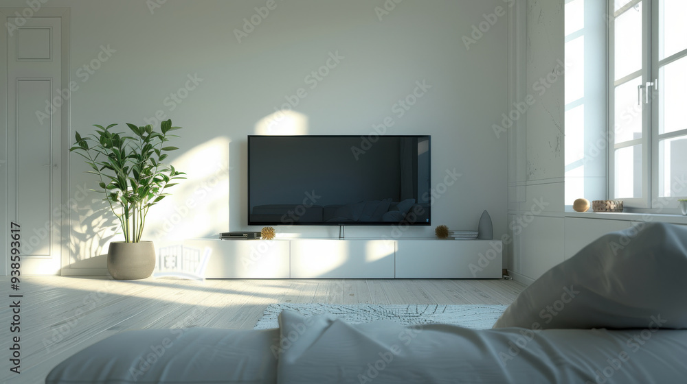 A spotless TV room featuring minimalist decor, clean lines, and soft, natural lighting. A spotless TV room featuring minimalist decor, clean lines, and soft, natural lighting.