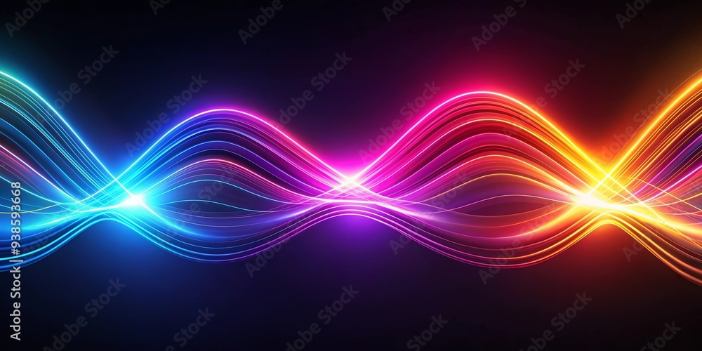 Naklejka premium Dynamic neon light waves in vibrant colors on a dark background, creating a futuristic visual effect, neon, light, waves