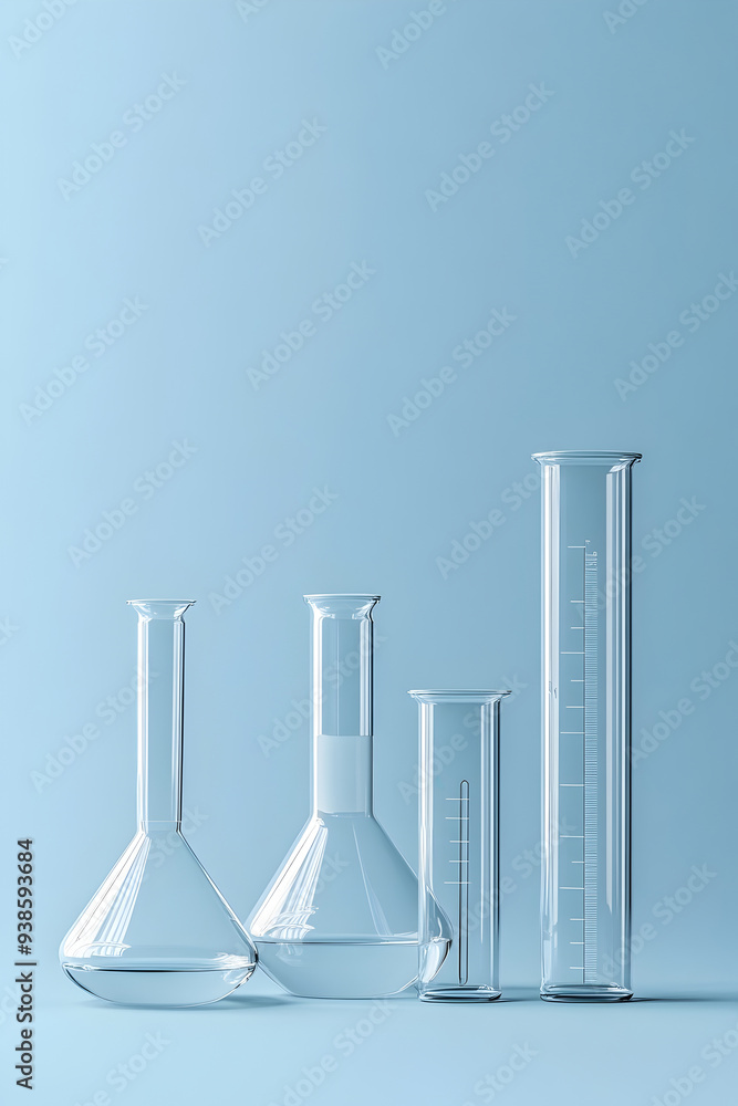 Minimalist Studio Shot of Glass Laboratory Glassware on Blue Background Minimalist Studio Shot of Glass Laboratory Glassware on Blue Background