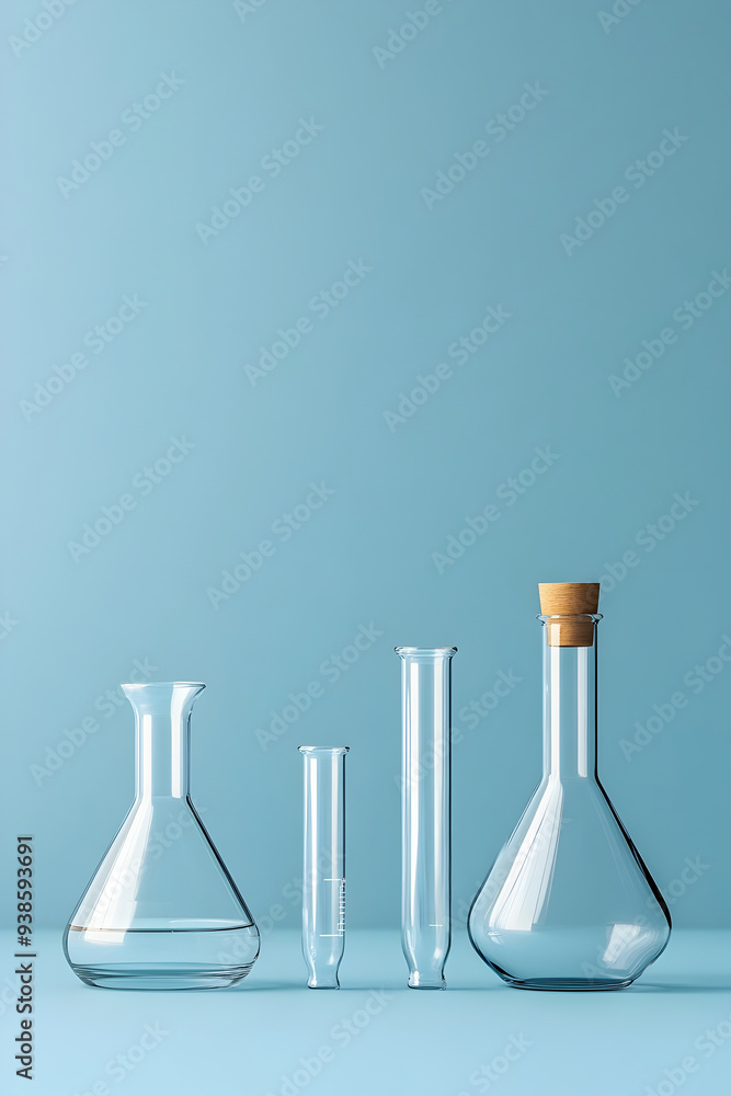 Minimalist Composition of Glass Lab Glassware on Blue Background Minimalist Composition of Glass Lab Glassware on Blue Background