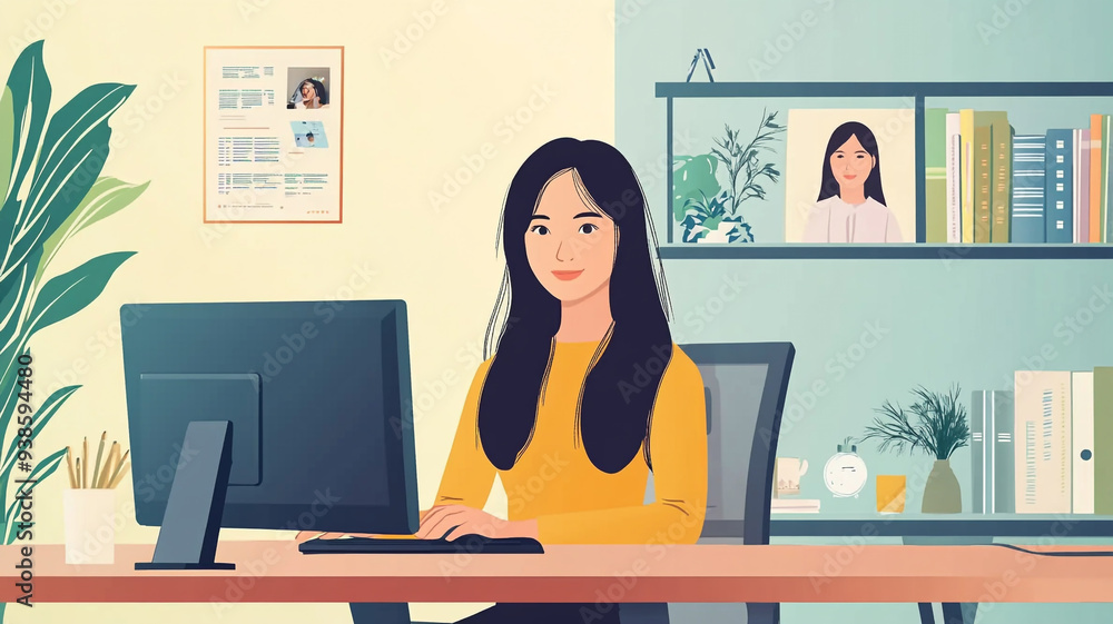 A focused young woman working diligently at her modern desk in a cozy home office surrounded by plants and inspiring decor A focused young woman working diligently at her modern desk in a cozy home office surrounded by plants and inspiring decor