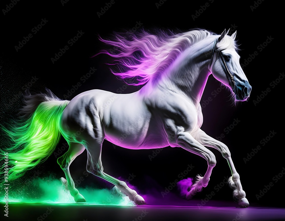 Naklejka premium Beautiful neon white horse running in the dark background