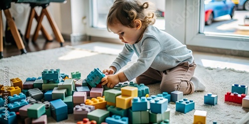 Montón de bloques de construcción plásticos coloridos con niña jugando en el suelo de una guardería photo