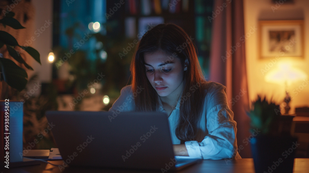 A young woman immersed in her laptop under soft evening light surrounded by houseplants in a cozy, dimly lit room A young woman immersed in her laptop under soft evening light surrounded by houseplants in a cozy, dimly lit room