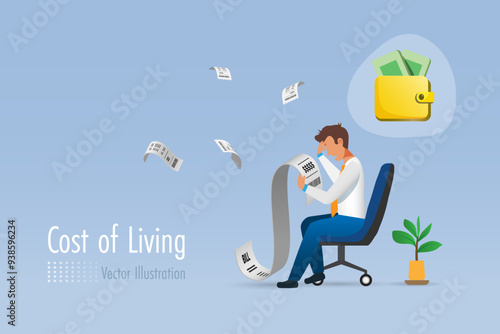 Man holding financial bills worried about limited income.  Financial crisis, money problem and cost of living. Vector.