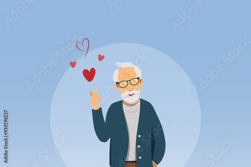 Senior man doing mini heart hand in happy manner. Healthy aging, elderly health care and wellbeing concept.	
