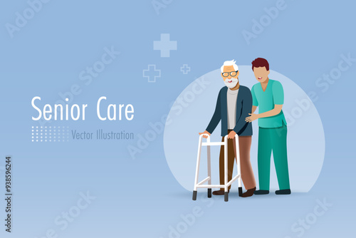 Rehabilitation, physiotherapy and elderly health caregiver. Physiotherapist assist senior man walking on orthopedic walker to recovery from orthopedic or trauma injury problem. 