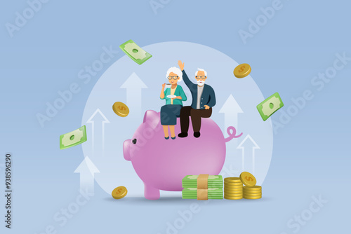 Senior couple sit on piggy bank with growth profit from savings and return on investment. Financial plan, money savings for elderly. Vector.