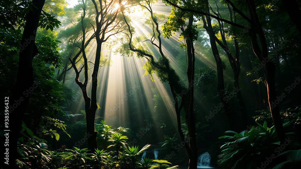 Obraz premium A lush green forest with rays of sunlight filtering through the trees