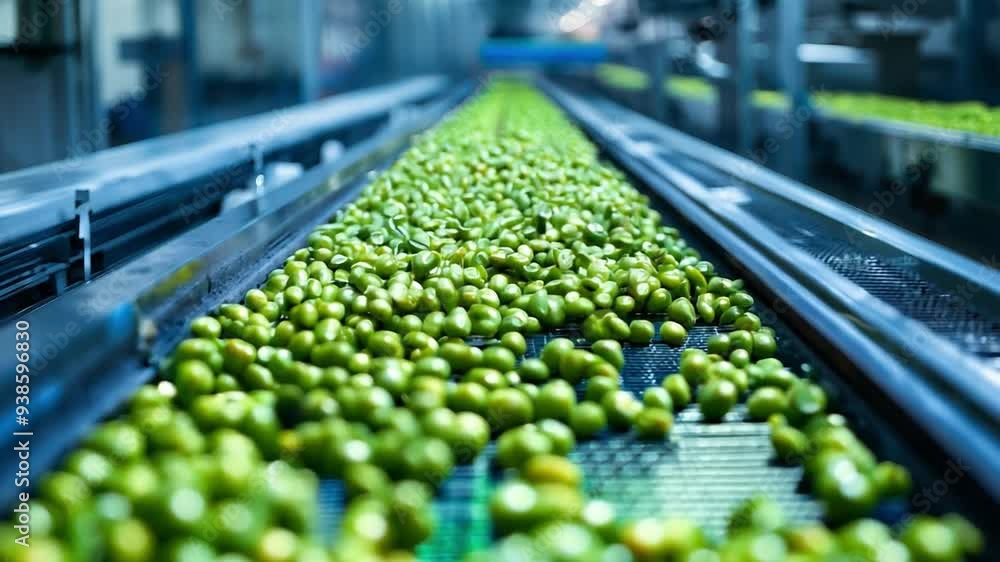 A conveyor belt is filled with green apples. The apples are being sorted and processed