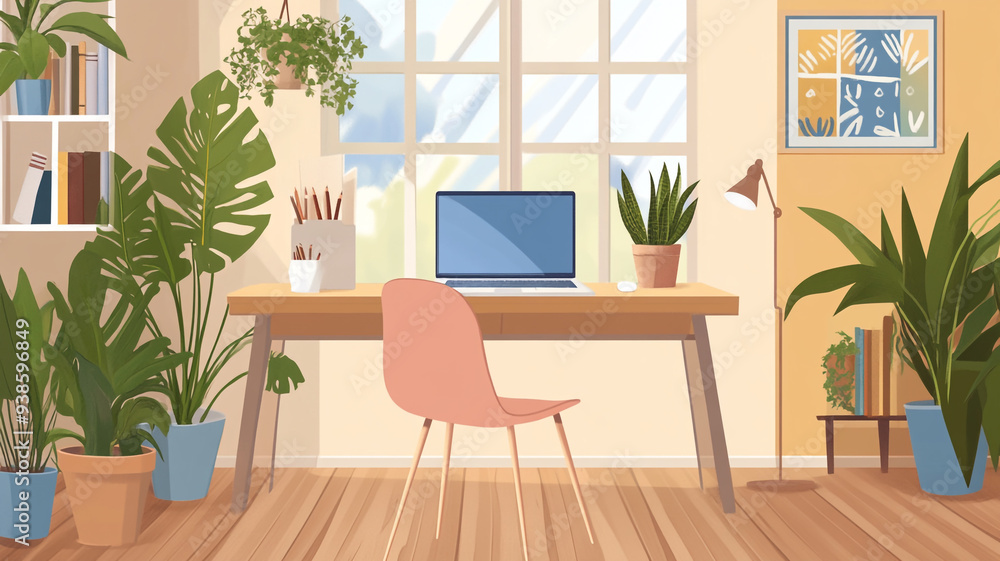 A bright and serene home office featuring plants, a stylish desk, and a computer, inviting creativity and productivity A bright and serene home office featuring plants, a stylish desk, and a computer, inviting creativity and productivity