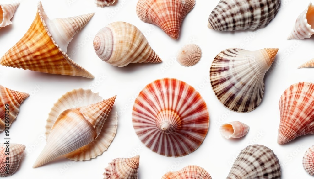 Vibrant seashells in a white grid pattern Vibrant seashells in a white grid pattern
