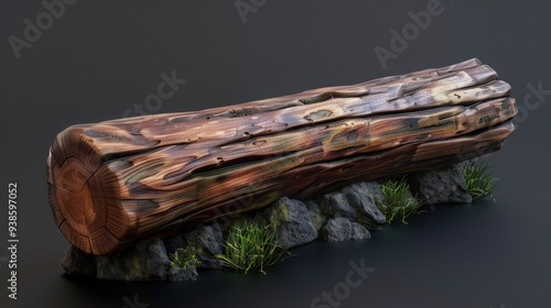 A weathered log resting on stones and grass