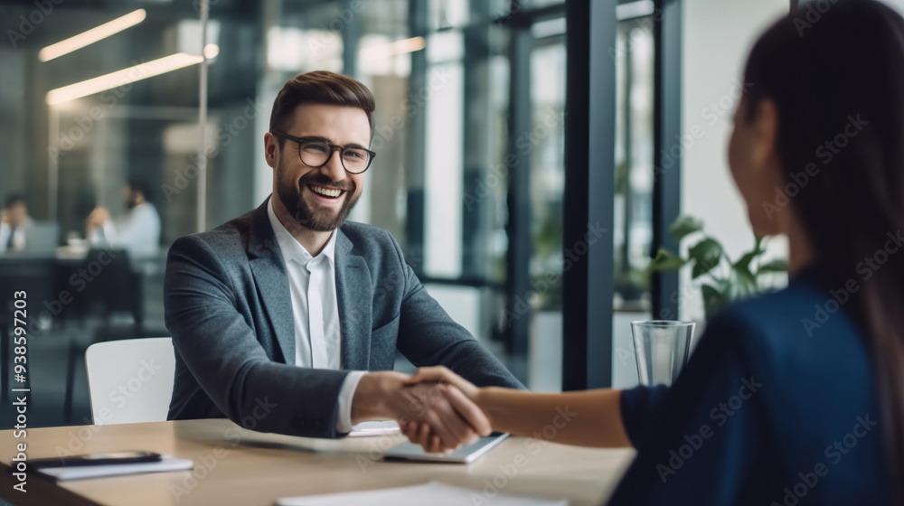 A happy male business manager shaking hands with his female employee during a job interview in the office. A happy male business manager shaking hands with his female employee during a job interview in the office.