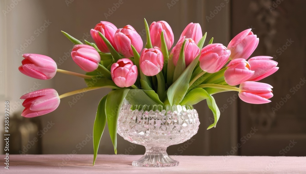 Obraz premium Elegant bouquet of pink tulips in a crystal vase