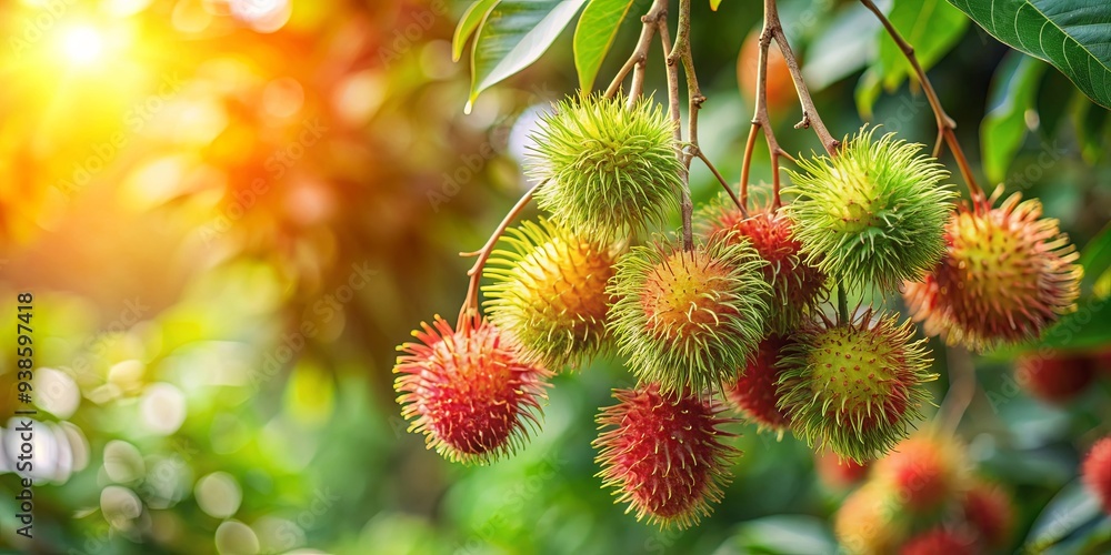 Fresh rambutan fruits hanging from a tree , tropical, delicious, red, exotic, sweet, ripe, juicy, tropical fruits, Indonesia Fresh rambutan fruits hanging from a tree , tropical, delicious, red, exotic, sweet, ripe, juicy, tropical fruits, Indonesia