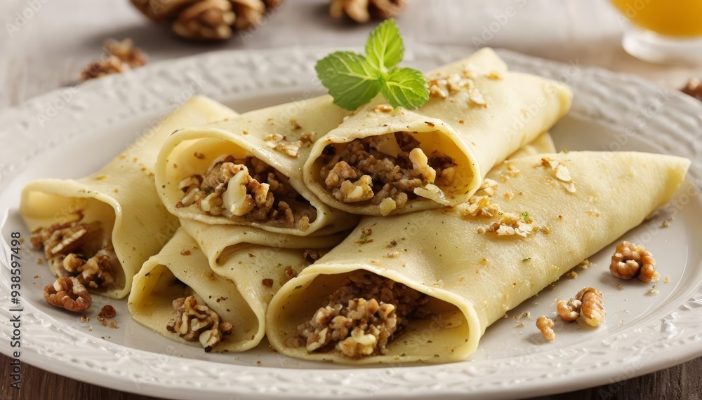 Deliciously rolled crepes with a crunchy walnut filling perfect for a sweet or savory treat Deliciously rolled crepes with a crunchy walnut filling perfect for a sweet or savory treat