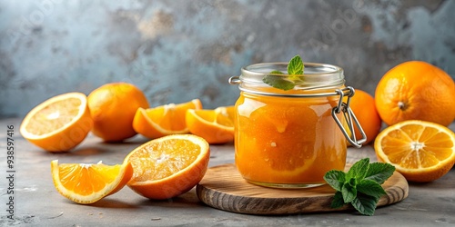 Glass jar of homemade orange jam with sliced oranges on the side , orange, jam, homemade, glass jar, citrus, fruit