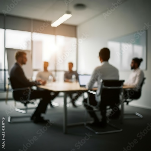 Office Meeting Room with Businesspeople in a Blurred Background, Emphasizing a Professional Atmosphere and the Dynamics of Corporate Collaboration and Discussion