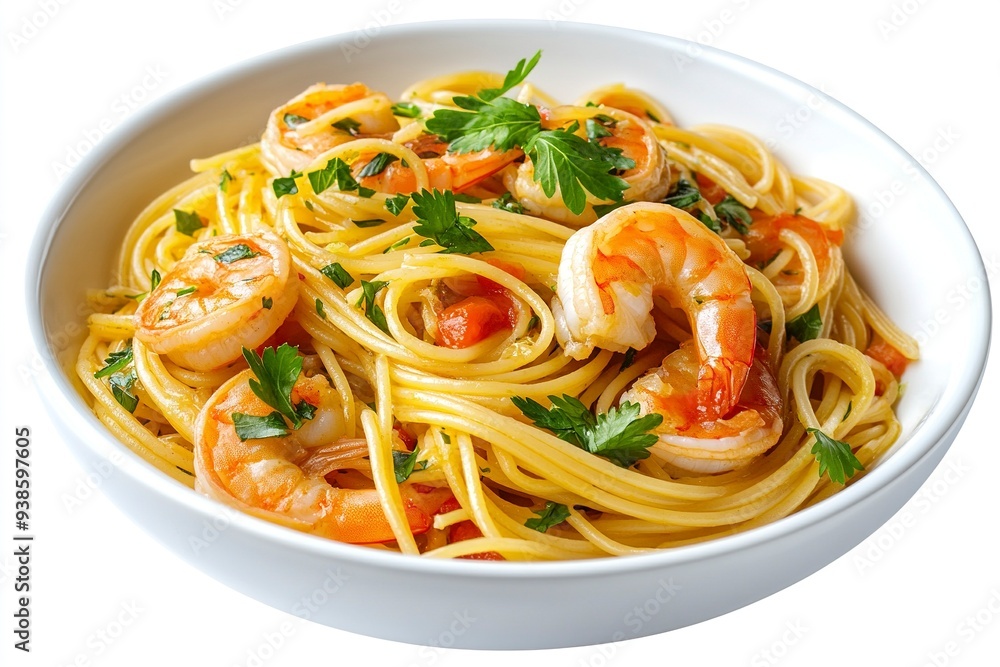 Pasta spaghetti shrimp lemon coriander in white bowl isolated on white background close up, top view, food concept. Generative ai Pasta spaghetti shrimp lemon coriander in white bowl isolated on white background close up, top view, food concept. Generative ai