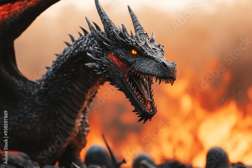 Dragon perched on a pile of scorched knights, victorious roar shaking the heavens, symbolizing mythical domination in battle photo