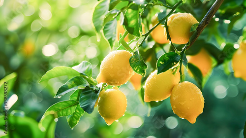 Lush lemon tree with bright golden ripe fruits hanging from its branches in a warm sunlit garden setting  The green leaves and yellow lemons create a vibrant juicy contrast against the natural