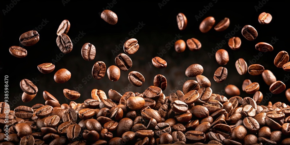 Roasted coffee beans falling in mid-air Roasted coffee beans falling in mid-air