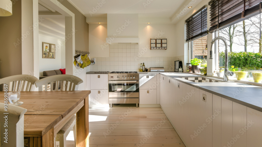 A tidy and organized kitchen with spotless countertops and well-arranged appliances, ready for cooking. A tidy and organized kitchen with spotless countertops and well-arranged appliances, ready for cooking.