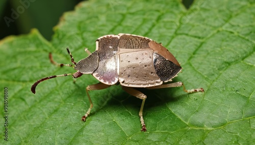  A closeup of a strikingly patterned bug on a leaf photo