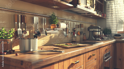 A tidy kitchen with gleaming countertops and neatly arranged utensils, perfect for a clean cooking environment.