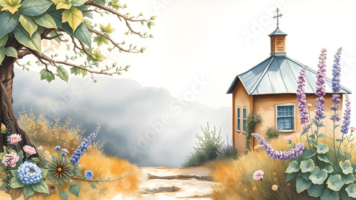Full page vintage watercolor elegant heather flower beautiful There is a small house