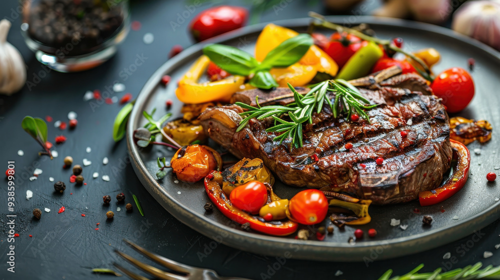 A vibrant and appetizing grilled steak served with colorful vegetables on a plate. A vibrant and appetizing grilled steak served with colorful vegetables on a plate.