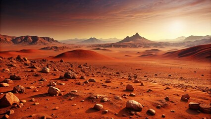 Crédence de cuisine Rouge Barren red landscape with rocky terrain and distant mountains on the planet Mars, Mars, landscape, red planet, rocky  © A.Rod