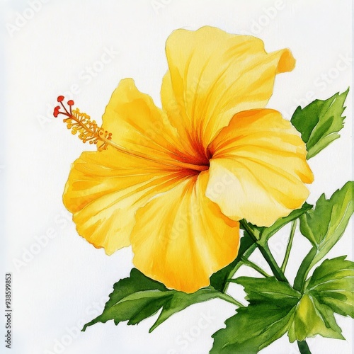 Beautiful watercolor painting of a bright yellow hibiscus flower on white background ready for decoration.