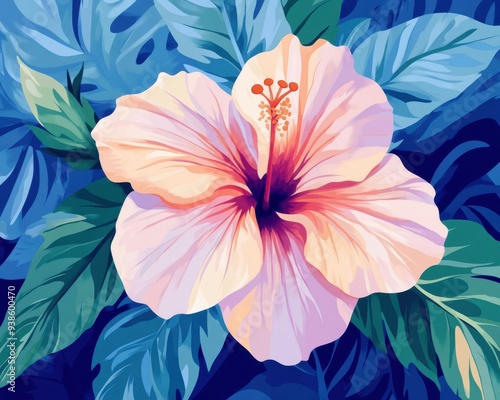 Wallpaper Mural Vibrant illustration of a pink hibiscus flower surrounded by lush green leaves on a dark blue background, creating a tropical feel. Torontodigital.ca