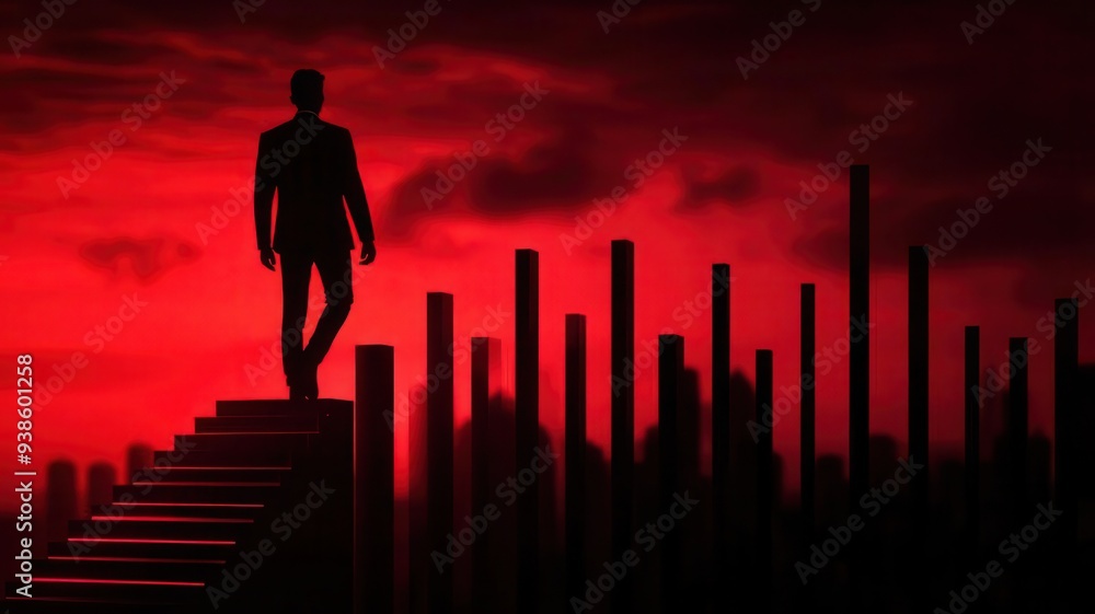 Silhouette of a man standing on steps amidst a dramatic red sky, symbolizing ambition and the pursuit of goals.
