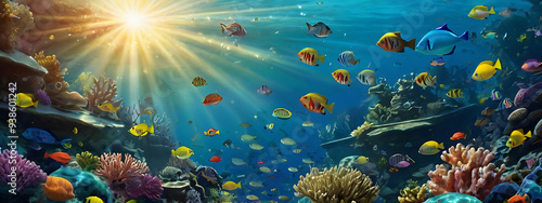A vibrant underwater background with colorful coral reefs, schools of fish, and sun rays filtering through the water, ideal for an ocean-themed puzzle game.