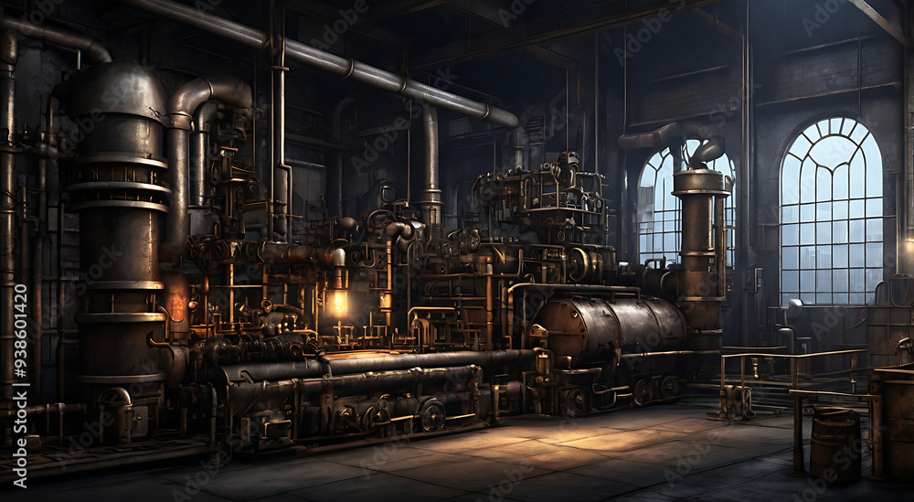 Fototapeta premium A dark, industrial factory setting with metal pipes, gears, and steam, suitable for a steampunk-themed platformer game background.