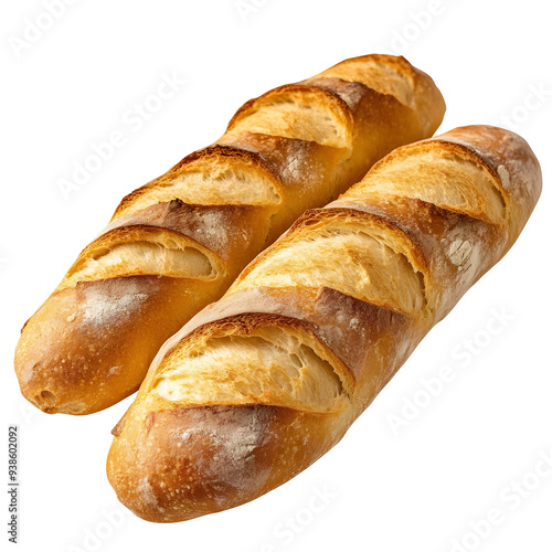 Two fresh baguettes isolated on transparent background, freshly baked bread with crispy crust.