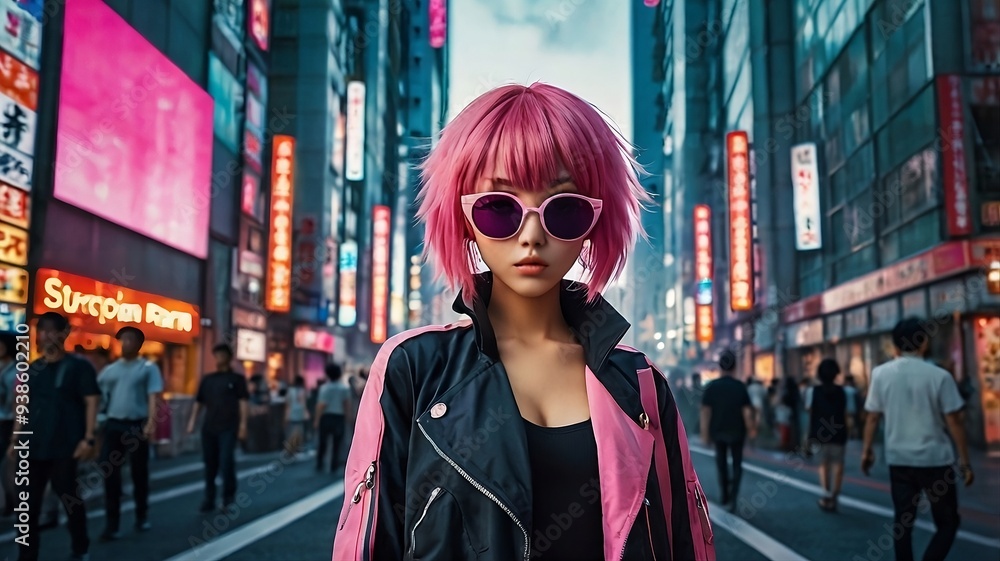 A stylish anime girl with vibrant pink hair and oversized sunglasses stands in city street. A stylish anime girl with vibrant pink hair and oversized sunglasses stands in city street.