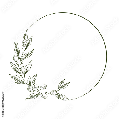 Olive leaves and fruits branch frames for wedding invitation and cards, logo design, web, social media and posters template. Olive Wreath Iine art floral vector isolated.