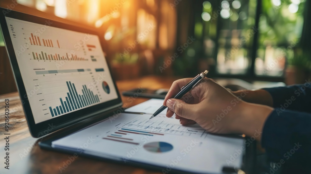 A businessperson financial analyst during a corporate meeting. review a graph document, discussing financial data and strategies to ensure successful