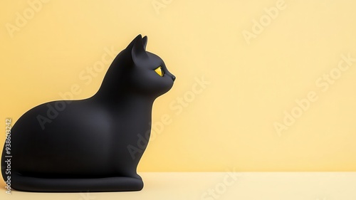 Clay black cat with arched back, Halloween spooky detail, 3D illustration photo