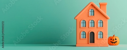 Clay haunted house with ghostly windows, Halloween spooky detail, 3D illustration photo