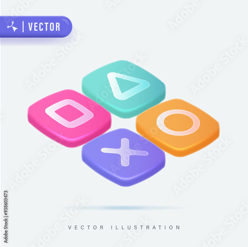 3D Realistic Geometric gamepad symbol isolated buttons design. Joystick Button Icon in White Isolated Background. 3D button game set