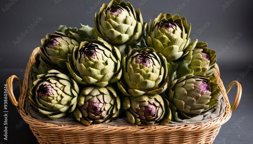 Obraz premium Fresh artichokes in a woven basket