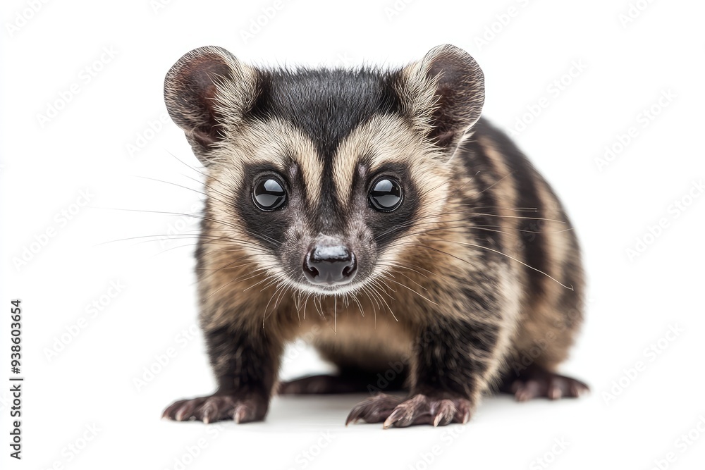 Close-up portrait of a young Asian palm civet with black and white fur. Close-up portrait of a young Asian palm civet with black and white fur.